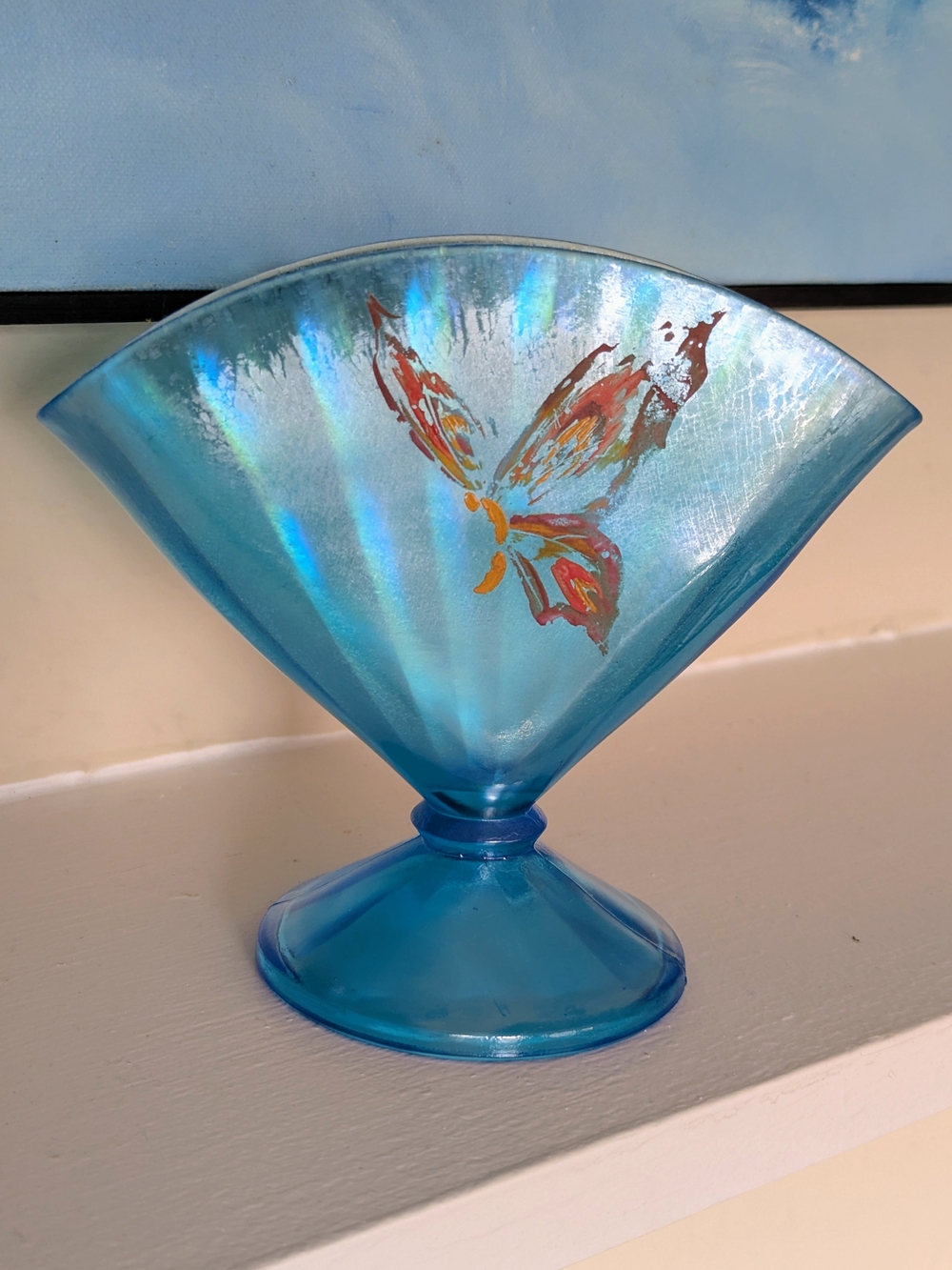 Fenton Stretch Glass Iridescent Fan Vase With Hand-Painted Butterfly